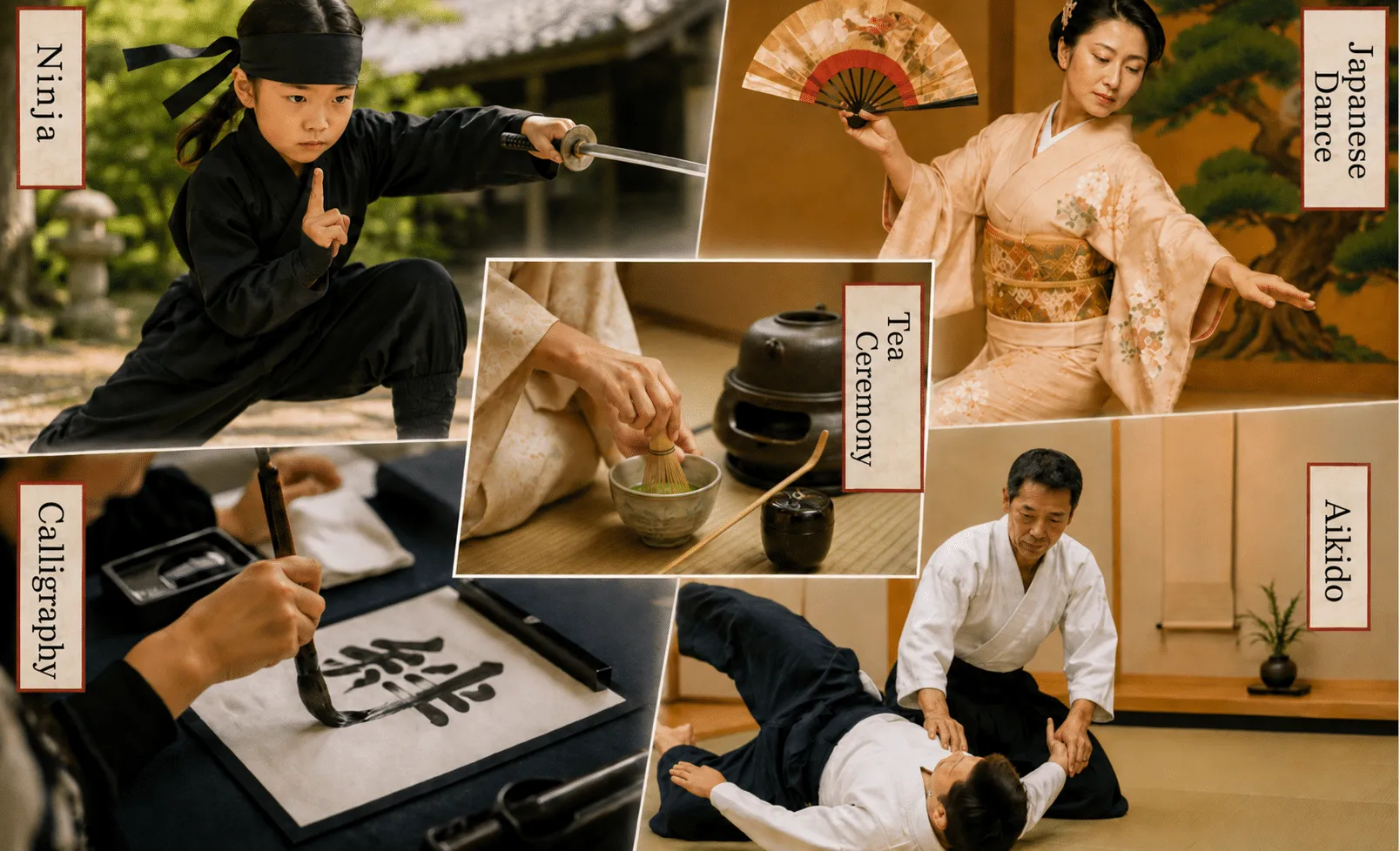 Ninja, tea ceremony, calligraphy, Japanese dance and aikido workshops