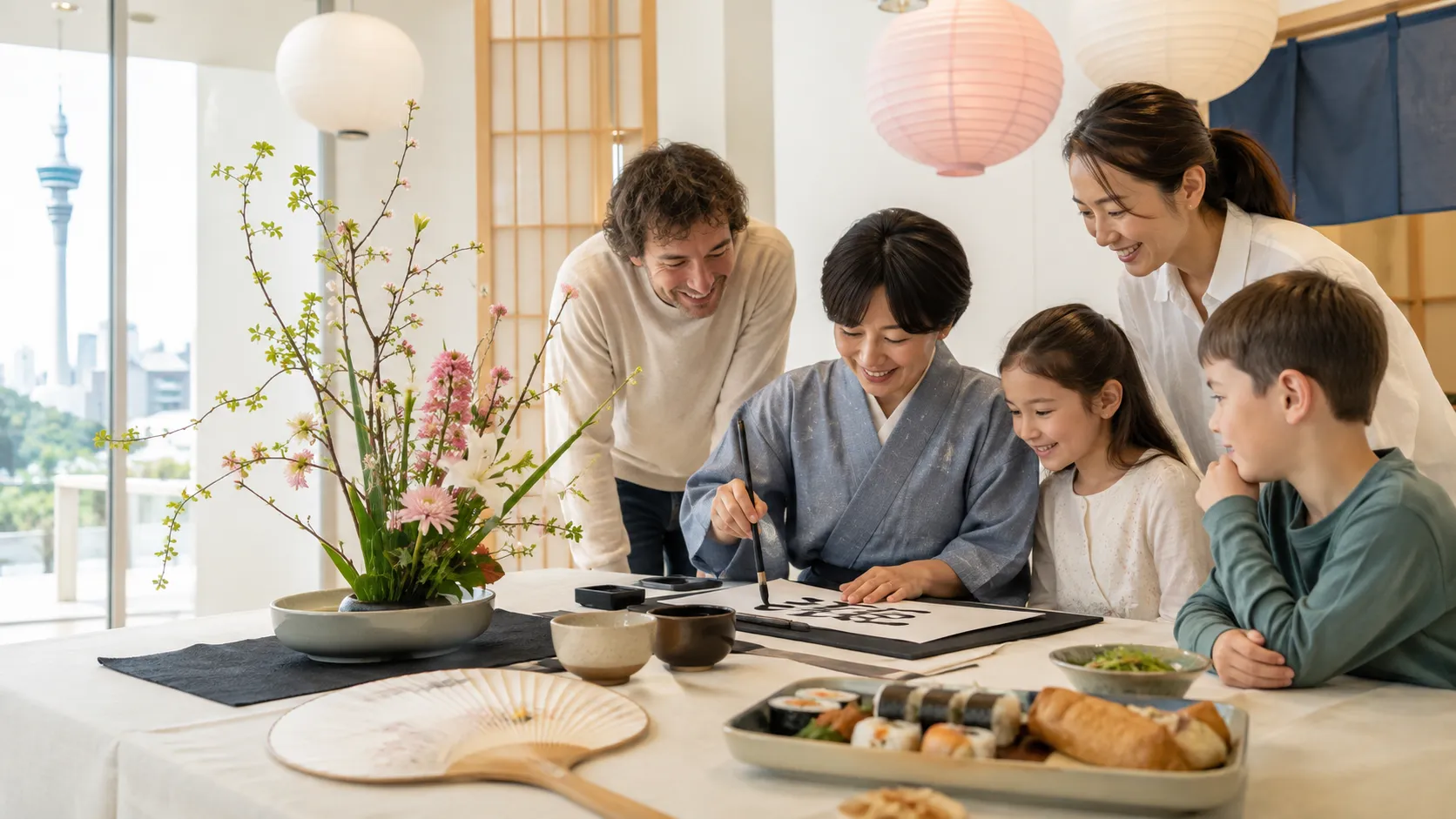 A family enjoying Japanese calligraphy, Ikebana and food together