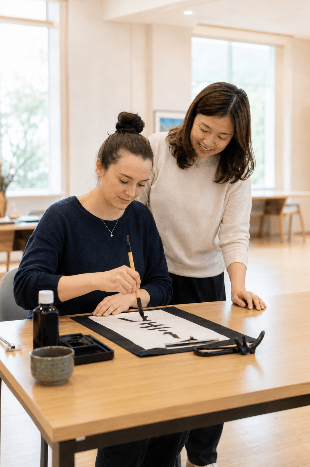 A teacher guiding students through Japanese calligraphy